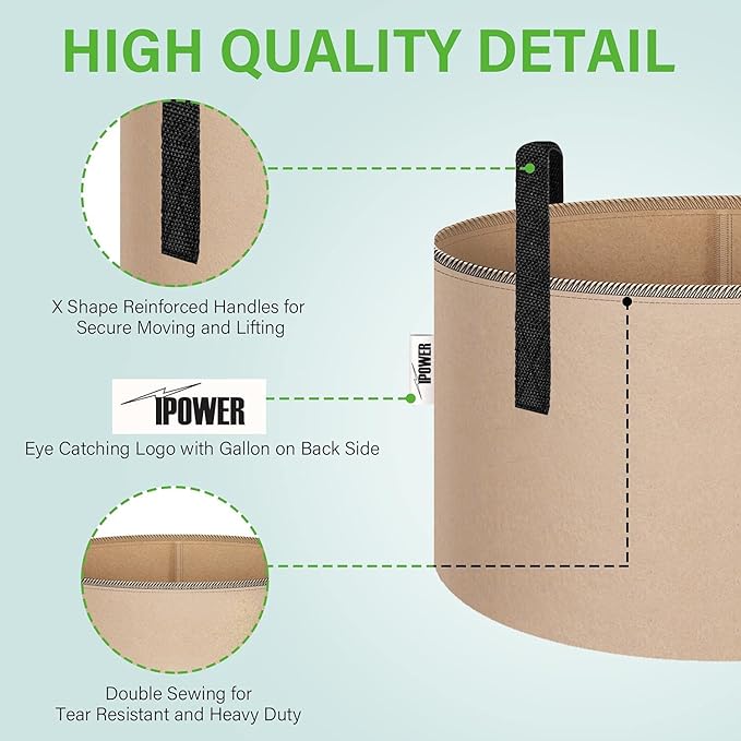 iPower 5-Pack 5 Gallon Plant Grow Bags Thickened Nonwoven Aeration Fabric Pots Heavy Duty Durable Container, Strap Handles for Garden, Tan