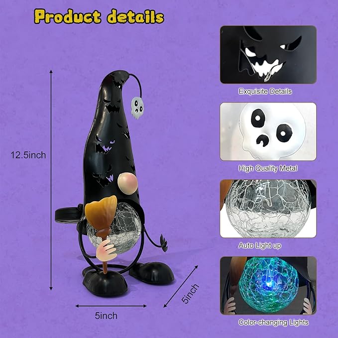Halloween Decorations Outdoor Solar Lights Gnome, Color Changing LED Lights with Jack-O-Lantern Hollowed-Out Hat, Spooky Halloween Decor for Garden, Patio, Yard, Pathway (Black)