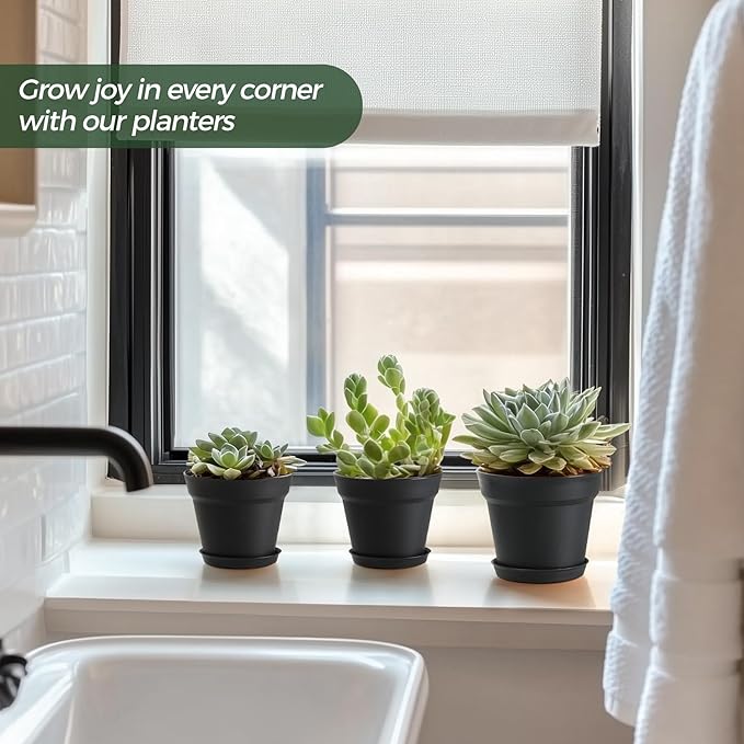 T4U 4 Inch Plant Pots 18-Pack - Small Plastic Planter with Drainage Hole and Saucer, Decorative Nursery Pot Bulk for African Violet, Snake Plant, Succulent and All House Plants Indoor (Black)