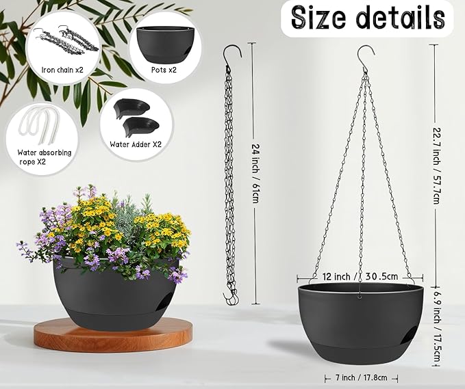 2 Pack 12 Inch Large Hanging Planters with Chains Self Watering Black Plastic Hanging Pots for Indoor Outdoor Plants, Garden Porch Home Decor,Black
