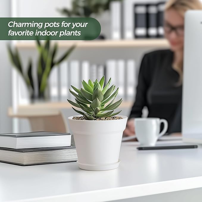 T4U 5 Inch Plastic Planters 18-Pack - Small Plant Pot with Drainage Hole and Saucer, Decorative Nursery Flower Pot Bulk for African Violet, Snake Plant, Aloe and All House Plants Indoor (White)