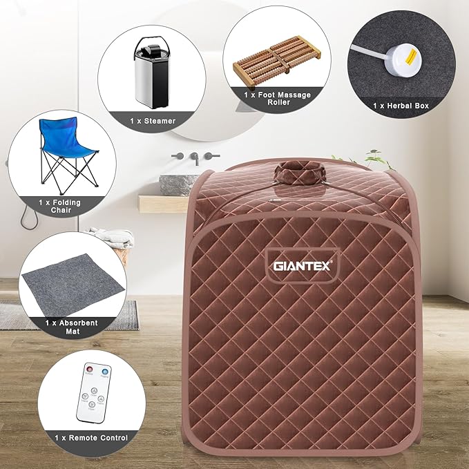 Giantex Portable Sauna, Sauna Box 3L Steam Box Remote Control, 9 Adjustable Temperature & Timer, Foot Roller, Mat & Foldable Chair, Steam Sauna for Single Person, Personal Sauna Tent for Home, Coffee