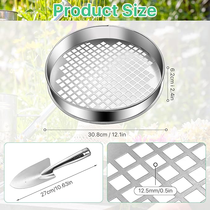 2 Pcs Soil Sifter and Shovel, Stainless Steel Sand Sifter for Gardening, Dirt Sifter Strainer for Sand Rocks Dirt Seed Compost, 11.8 inch