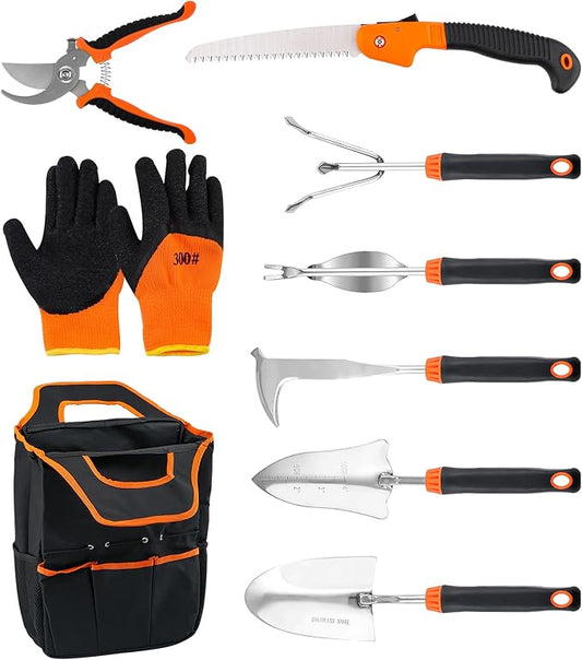 Garden Tool Sets with Organizer, 9 Piece Stainless Steel Heavy Duty Gardening Tool Kit Including Hand Saw, Hand Trowel, Hand Rake, Transplanter, Weeder, Crack Weeder, Pruner, Gloves, Storage Bag
