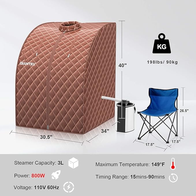 Giantex Portable Steam Sauna, Personal Therapeutic Sauna for Detox, Temperature & Timer Adjustable, 800W Sauna Box Spa w/Chair, 3L Steamer,Massage Roller,Mat,Remote Control, Home Sauna Tent (Coffee)