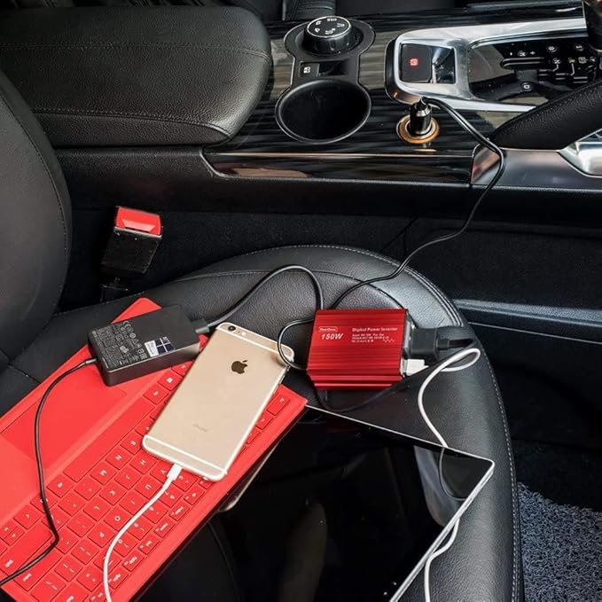 150W red car Power Inverter Converter Plug Adapter 12V to 110V 3.1A Dual USB Outlet for Travel Camping Outdoor All Smartphones Road Trips with Fast Charging