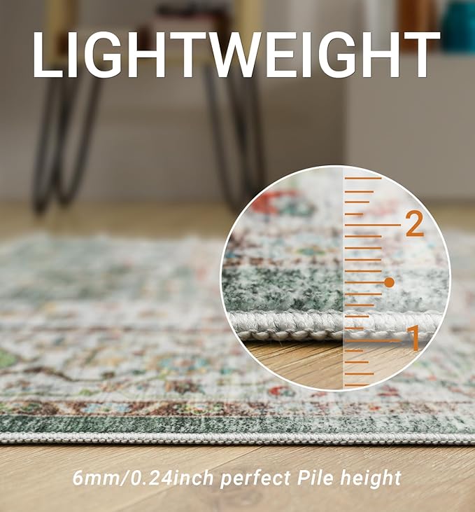 10x14 Area Rugs,Ultra-Thin Washable Rugs for Living Room,Non-Slip Lightweight Foldable Area Rug,Stain Resistant Vintage Large Rugs (Green,10'x14')