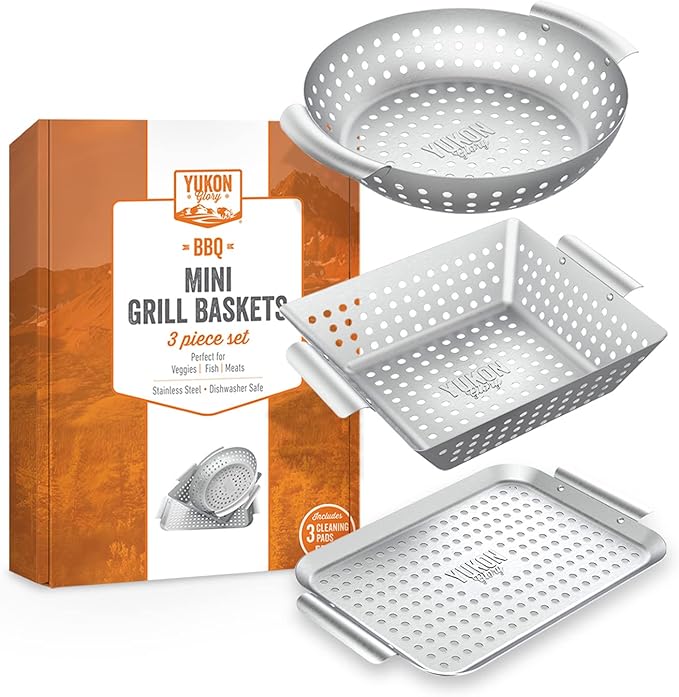 Yukon Glory 3-Piece Mini Grill Basket Set, Perforated Stainless Steel Vegetable BBQ Baskets With Grill Pan Topper, Square & Round, Dishwasher Safe
