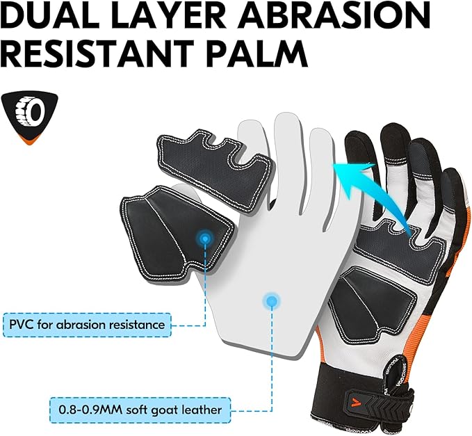 Vgo... 1-Pair 0℃/32°F Chainsaw Gloves, 12-Layer Chainsaw Protection on Left Hand Back, Safety leather Work Gloves, Mechanic Gloves(Size XL, Lined Orange,GA8912FWCS)