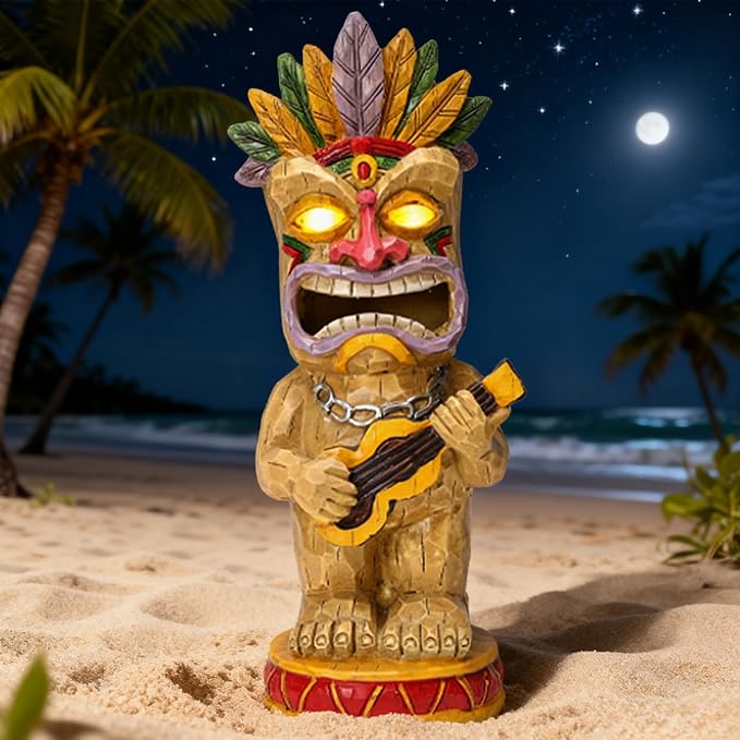 Solar Tiki Garden Statue with LED Eyes Outdoor Resin Ukulele Player Yard Decor Solar Light Hawaiian Style Lawn Ornament for Patio Porch Lawn Tiki Bar or Tiki Lover Funny Gifts