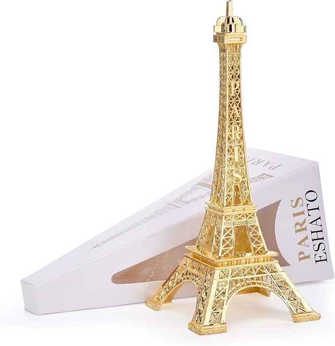 ESHATO Gold Metal Eiffel Tower Statue, 10inch Decorative Figurine Replica Stand Holder for Cake Topper Table Decor Gift Party Home Decoration