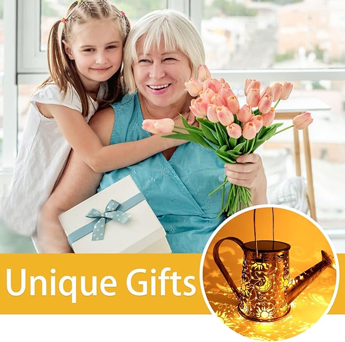 Solar Garden Lights Outdoor, Solar Watering Can Lights Garden Decor Gifts for Grandma Mom, Sun Moon Waterproof Hanging Lantern with String Lights, Yard Decoration for Patio Porch Lawn Backyard Pathway