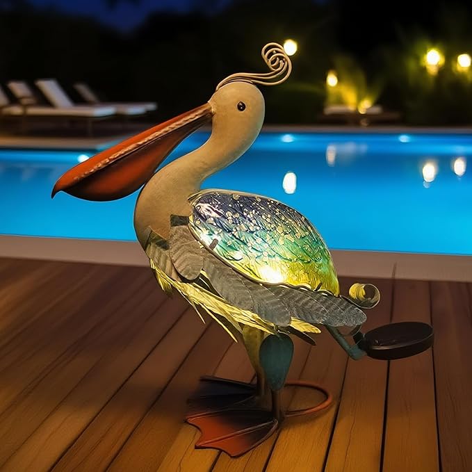 HONGLAND Solar Metal Pelican Statues Garden Sculpture & Statues, 17 Inch Glass Outdoor Pelican Yard Art Coastal Ocean Bird Decor Lawn Ornament for Backyard Porch Patio Decor(Blue-Green)