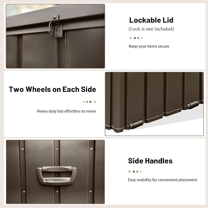 150 Gallon Large Outdoor Storage Box Metal, Waterproof Deck Box for Patio Cushion, Outside Storage Cabinet Rust/UV Resistant, Lockable Garden Tool Storage Bin for Porch Package Delivery, Brown