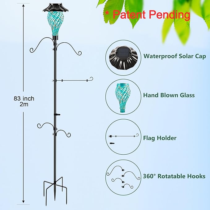 Solar Shepherds Hooks with Hand Blown Glass Lamp, Decorative RGB Lights, 4 Hooks & 1 Flag Holder, Heavy Duty Pole for Hanging Hummingbird Feeder, Bird Feeder, Wind Chime, Plant, Lantern (Teal)