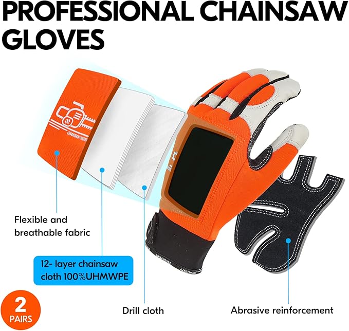Vgo... 2 Pairs Chainsaw Gloves,Saw Protection on Both Hands Cow Leather Gloves (XL, Orange, CA9760)