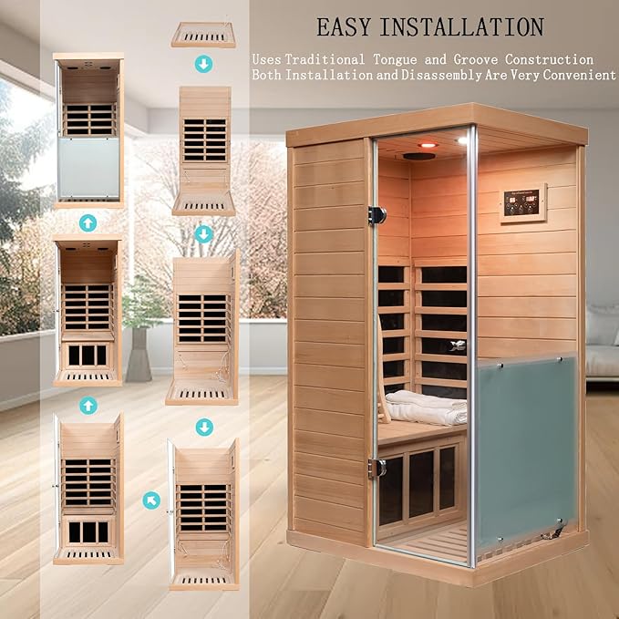 Hemlock Deluxe Mini Indoor Sauna 1 Person, Far Infrared Sauna at Home, Wooden Dry Sauna 1060w with 6 Far Infrared Heating Plate, Bluetooth Speaker, Red Light, Reading Light(Left Door)