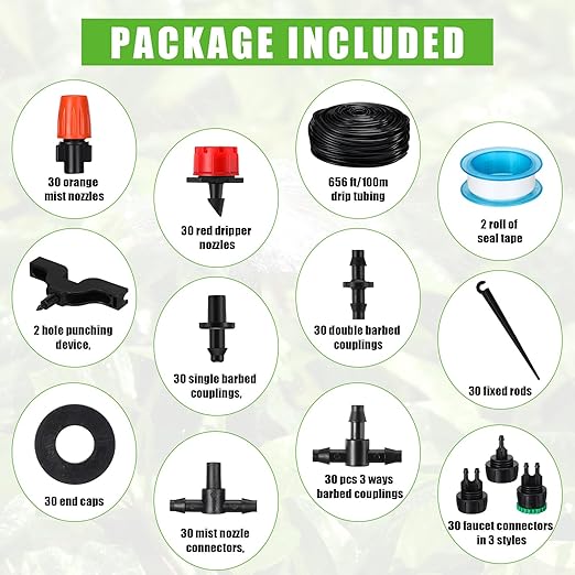 Sasylvia 656 Ft Drip Irrigation Kit 1/4'' Irrigation System Tubing Distribution Hose Greenhouse Garden Watering Misting Drip Kit Automatic Irrigation Equipment for Yard Lawn Patio