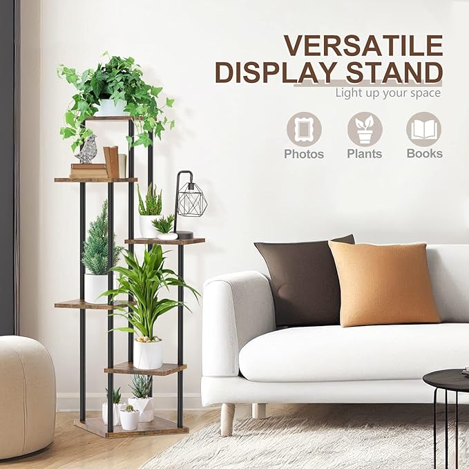 6 Tier Tall Plant Stand Indoor, Large Wood Metal Planter Shelf Holder for Narrow Corner, Sturdy Vertical Multiple Flower Orchid Pot Decorative Rack for House Living Room Bedroom Office, Rustic Black