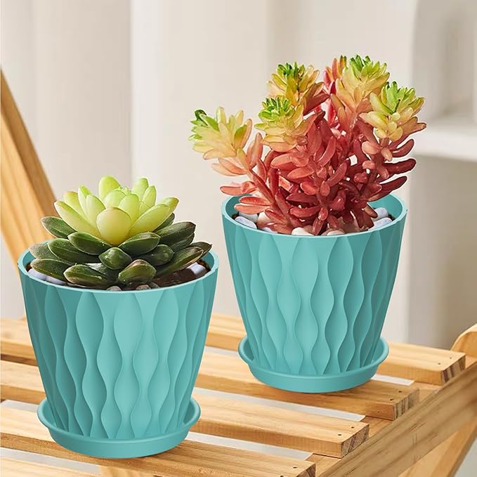 12 Pack 4 Inch Small Plant Pots with Saucers, 3D Textured Plastic Planters with Drainage Holes for Indoor and Outdoor Plants, Flowers, Herbs, Succulents, and Seedlings, Blue