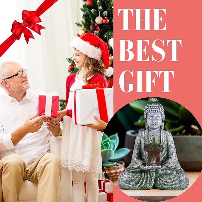 Buddha Garden Statue with Solar Light, Resin Zen Decor for Outdoor Patio or Indoor Meditation, Spiritual Gift for Women and Friends (Grey Pavilion)