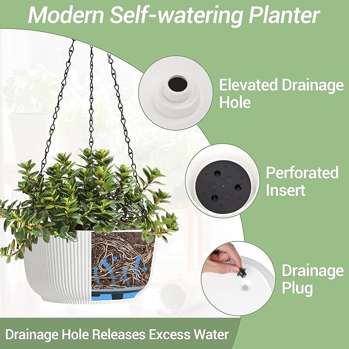 T4U 10 Inch Hanging Planters for Indoor Outdoor Plants, 2 Pack White Self Watering Hanging Plant Pot, Hanging Pots Set with Drainage Hole & Plug & Chain with 3 Hooks for Garden Home Decor