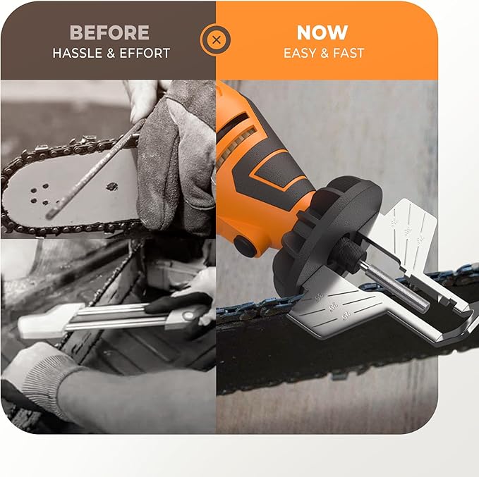 Sharp Pebble Electric Chainsaw Sharpener Kit - Comes with Chain Saw Sharpener Tool, 4 File Size Sharpening Wheel Bits, Angle Attachment, Wrench & eBook