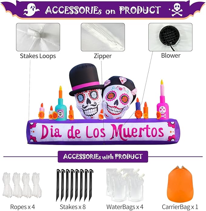 DomKom 8FT Halloween Inflatable Blow Up Decorations, Dia de Los Muertos Day of Dead Catrina Skulls Altar, Built-in LEDs for Holiday Party, Garden, Lawn, Yard, Patio Décor