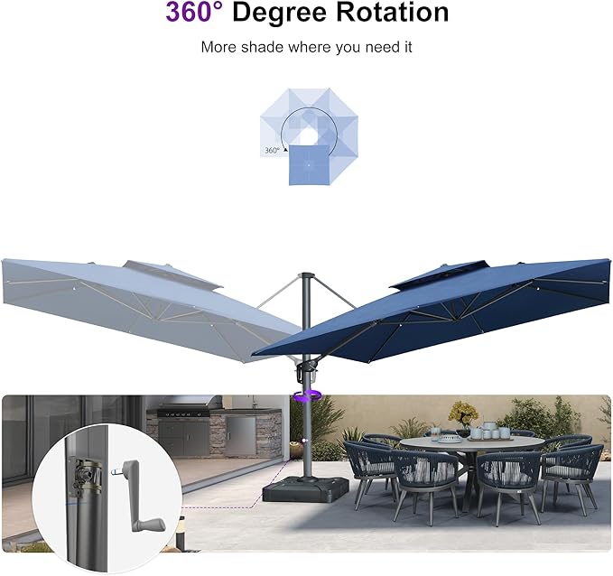 PURPLE LEAF Cantilever Umbrella with Base Included Double Top Large Offset Hanging 12FT Outdoor Square 360° Rotation Heavy Duty Umbrella for Garden Patio Deck Pool Backyard Spectrum Indigo