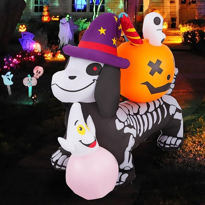 Halloween Inflatable Pumpkins & Skeleton Dog Decorations, 5FT Halloween Inflatable Outdoor Decorations, Blow up LED Lights Lighted Yard Decorations, Lawn Inflatables Home Family Outside Holiday Decor