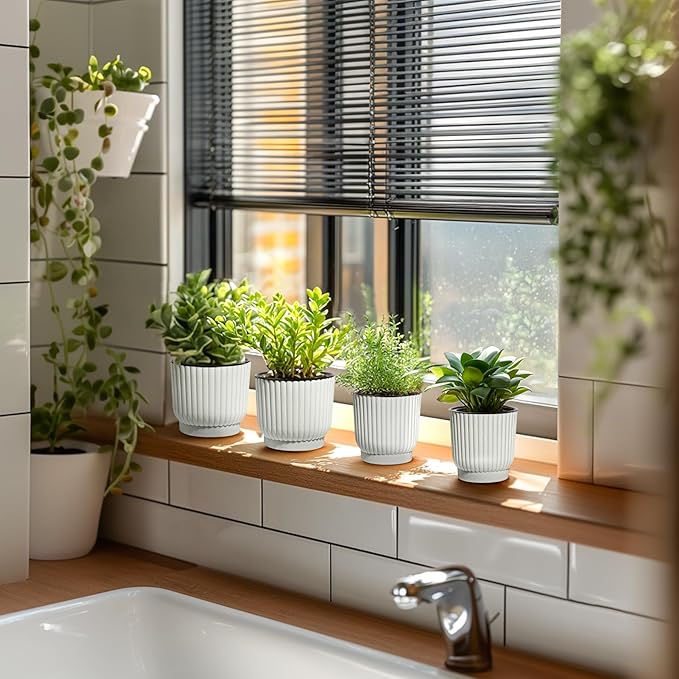 T4U 4.5 Inch Self Watering Pots for Indoor Plants, 6 Pack White Plastic Flower Pots for All House Plants, Flowers, African Violets