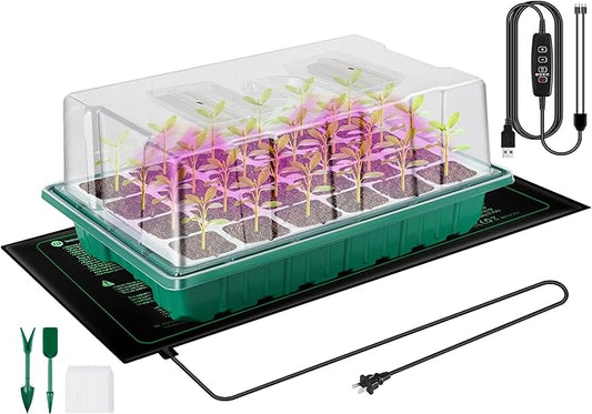Verdenu Seed Starter Tray with Grow Lights and Heat Mat, Extra Large 24-Cell Seed Growing Tray with heightened Lid, Seed Trays with Humidity Domes for Propagation and Germination for Indoor Plants