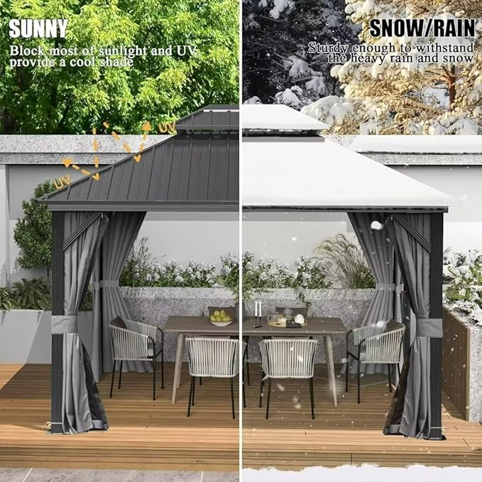 Domi 8’ X 10’ Hardtop Gazebo Canopy with Netting & Curtains, Outdoor Metal Gazebo with Galvanized Steel Double Roof for Patio Lawn and Garden, Gray