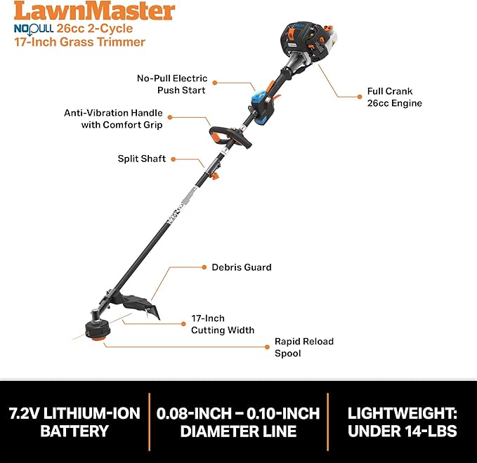 LawnMaster NPTGSP2617A No-Pull Gas Grass Trimmer with Electric Start 26cc 2 Cycle 17-Inch