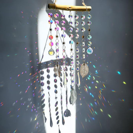 HDCRYSTALGIFTS Hanging Window Suncatcher Rainbow Maker Glass Crystal Mobile Wind Chimes with AB Prisms & Natural Leaf Drops Autumn Home Wall Art Decoration Gift