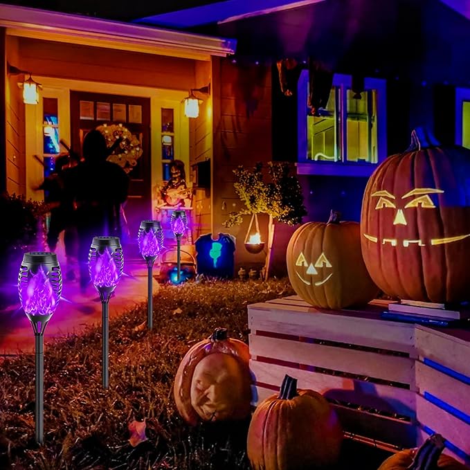12-Pack Solar Lights Outdoor Waterproof,Halloween Decorations Solar Tiki Torches with Flickering Flame (Upgraded Super Bright),Halloween Solar Lights for Outside Patio Yard Porch Garden Decor (Purple)