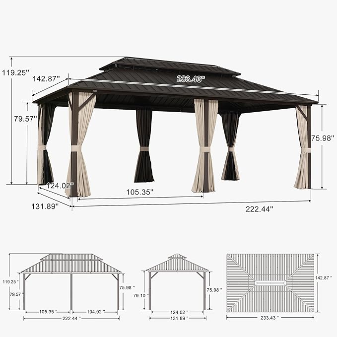 PURPLE LEAF 12’ X 20’ Outdoor Hardtop Gazebo Metal Frame Galvanized Steel Double Roof with Curtains and Nettings for Patio Desk Backyard Bronze