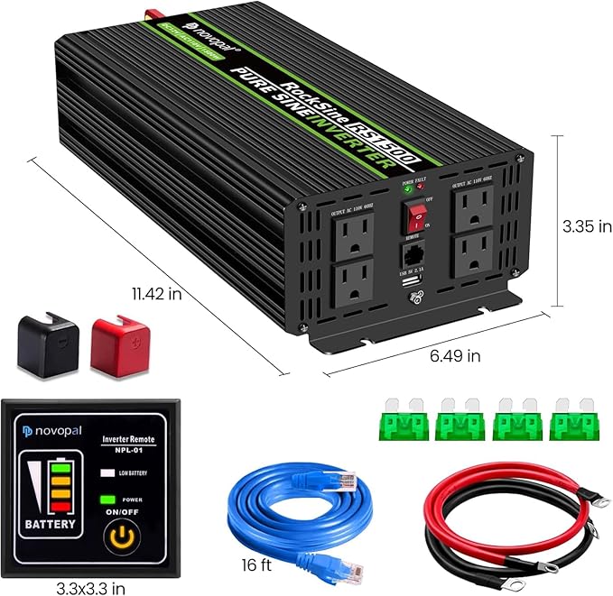 Novopal 1500W Pure Sine Wave Inverter, 12V DC to 110V/120V AC Car Power Converter, DC-AC Power Inverter with 4 Outlets, High-Power Interface,16ft Remote Control, LCD Display
