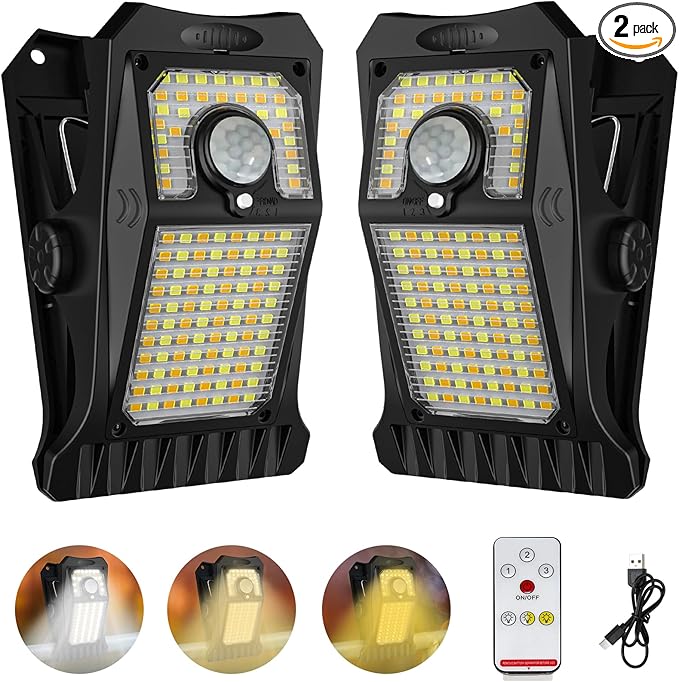 Tryme 118Leds Solar Lights Outdoor Clip Motion Sensor Lights Security Light 3 Modes, 3 Color Temperature, Solar Powered, USB Charging (2 Pack)