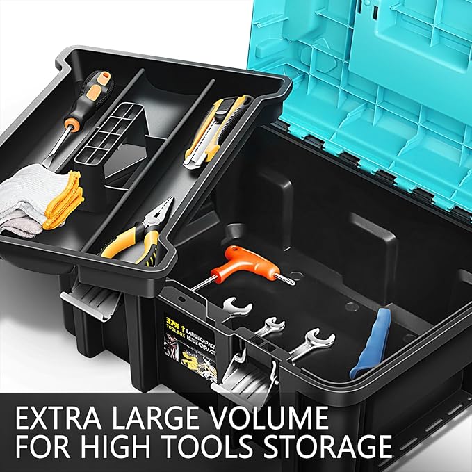 DNA MOTORING 2pcs Tool Boxes Set - Lockable Organizer Storage Portable Toolbox with Removable Tray for Workshop Garage & Household, Large Capacity, TOOLS-00310-TB