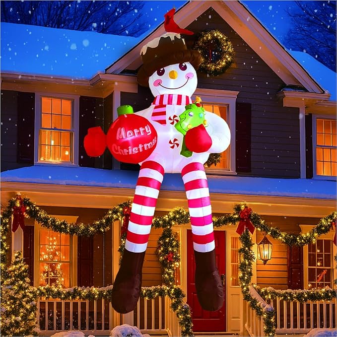 13FT Christmas Inflatable Outdoor Decoration, Climbing Snowman Christmas Blow up Yard Decorations with LED Lights and Cardinal, Giant Snowman Inflatable Outdoor Decoration for Garden Roof