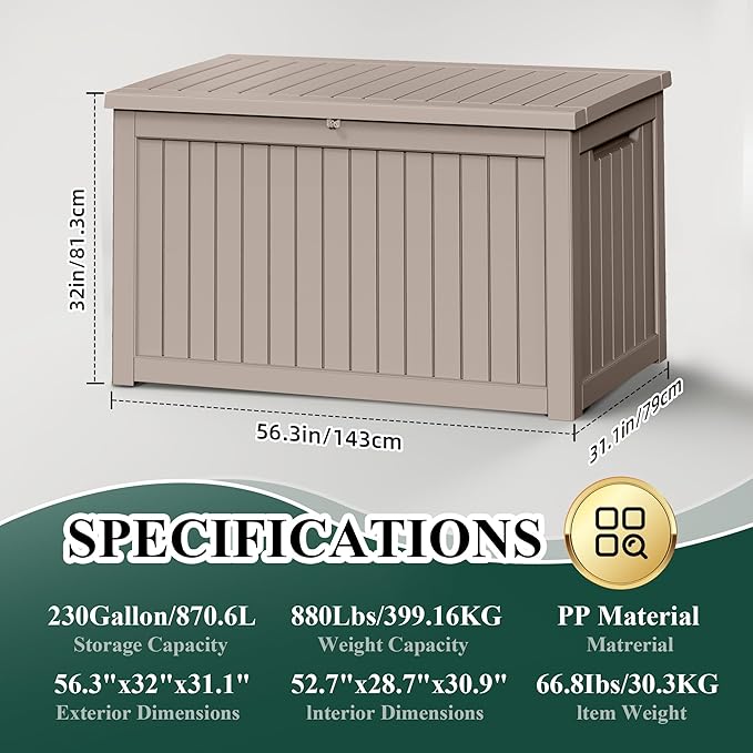 ROJIK Outdoor Storage Housing Deck Box - Waterproof Patio Furniture, Garden Tools, Cushions, Pool Accessories Storage Bench with Lockable Lid and Side Handles (Grey 238 Gal)