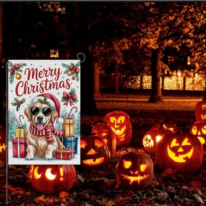 HTBIG Merry Christmas Garden Flag, Funny Golden Retriever Pumpkin Christmas Decor, Yard Flags for Outside 12x18 inch, Outside Yard for Home Decorations