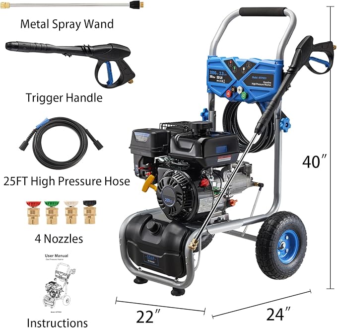 Gas Pressure Washer, 3500PSI Gas Power Washers 209CC 2.3GPM High Pressure Washers with 25FT Hose, 4 Quick-Connect Nozzles, Soap Tank, Axial Pump, Portable Pressure Washer Gas Powered for Car