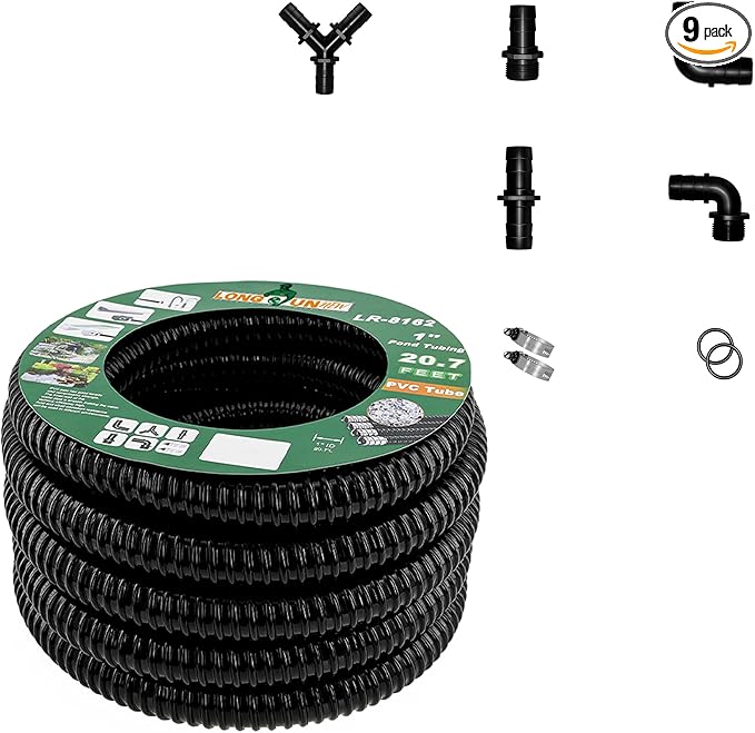 1" Dia. Corrugated Pond Tubing 1-Inch ID, 20.6 FT Length, Black PVC Kinkproof Strong Flex Tubing with Pipe Fittings, Aquarium, Pond Waterfall, Garden Pond Pump Drainage Tube