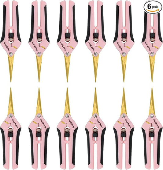6 Packs Pruning Shears with Curved Blades, Garden Trimming Scissors, Gardening Hand Pruning Snips Titanium Coated Precision Bonsai Pruning Shears, Efficient Flower Cutters (Pink)