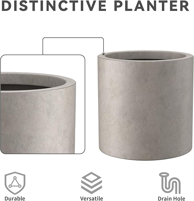 Kante 12.6" Dia Round Concrete Planter, Modern Style Large Cylindrical Plant Pot with Drainage Hole and Rubber Plug for Indoor Outdoor Patio, Weathered Concrete