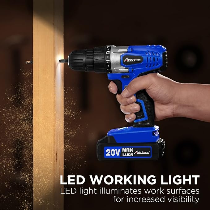 AVID POWER 20V MAX Lithium lon Cordless Drill Set, Power Drill Kit with Battery and Charger, 3/8-Inch Keyless Chuck, Variable Speed, 16 Position and 22pcs Bits (Blue)