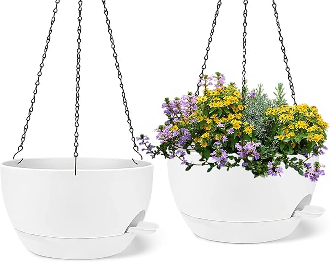 2 Pack 12 Inch Large Hanging Planters with Chains Self Watering White Plastic Hanging Pots for Indoor Outdoor Plants, Garden Porch Home Decor,White