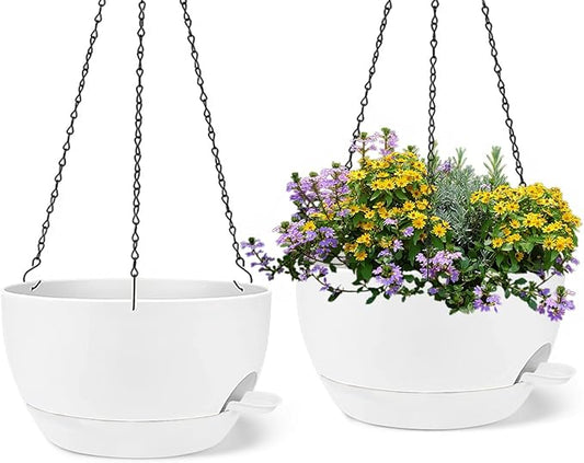2 Pack 12 Inch Large Hanging Planters with Chains Self Watering White Plastic Hanging Pots for Indoor Outdoor Plants, Garden Porch Home Decor,White